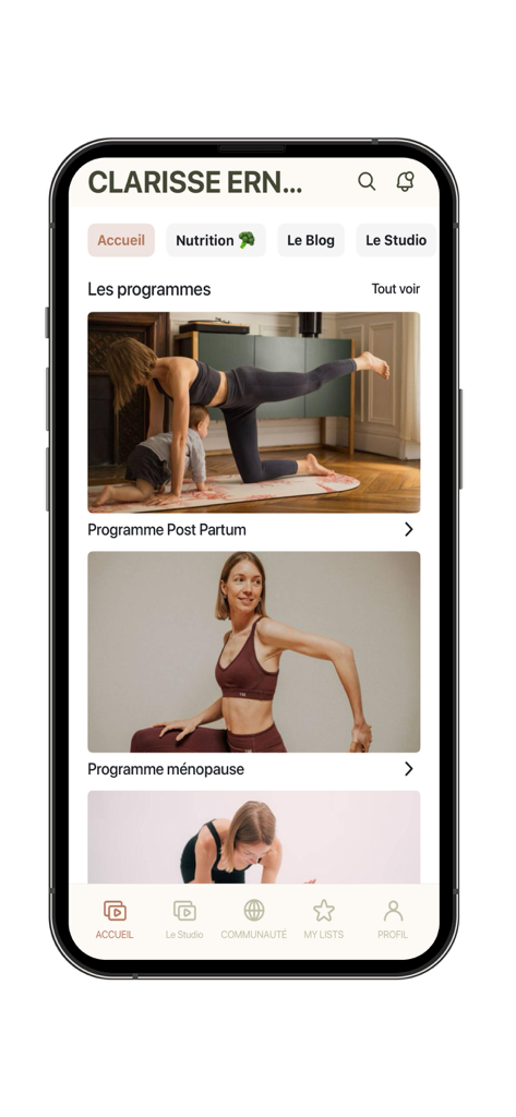 Schermata principale dell'app Clarisse Ernoux che mostra programmi di allenamento post-parto e per la menopausa.