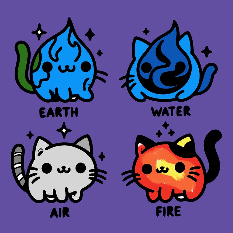 4 cats that represent the different elements, earth, water, air, and fire
