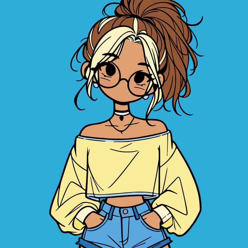girl with a messy ponytail glasses a baggy crop top and jean shorts