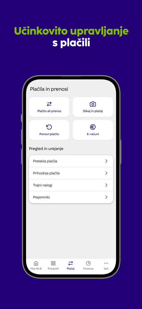 NLB Klik Slovenija - NLB Klik Slovenija mobile app interface showing payment and transfer management options