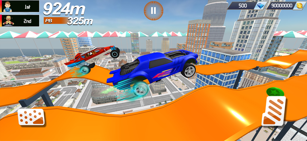 Monster Truck 4x4 Racing Games - Two monster trucks jumping on an elevated orange track in a city environment.