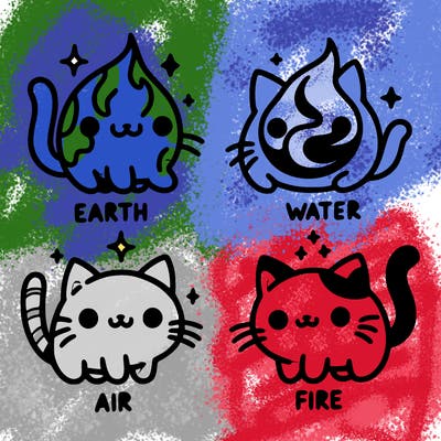 4 cats that represent the different elements, earth, water, air, and fire