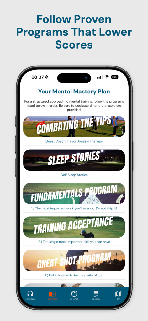 Mind Caddie mobile app displaying a menu of golf mental mastery programs including Combating the Yips and Training Acceptance.
