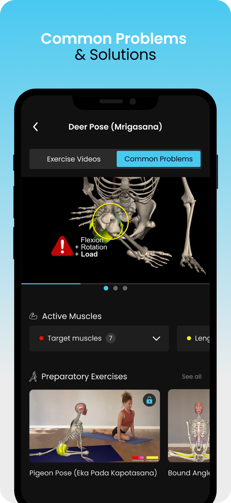 3D skeletal anatomy analysis of the Deer Pose showing common problems and mechanical load
