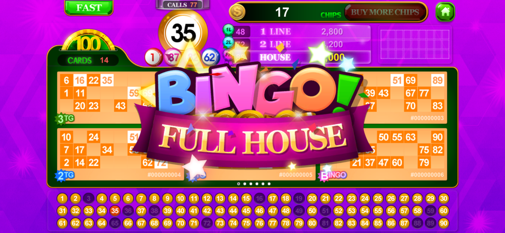 Bingo Solo 90 : 90 Ball Bingo - Tela de vitória de Full House no jogo Bingo Solo 90 com mensagem de vitória e múltiplas cartelas de bingo.