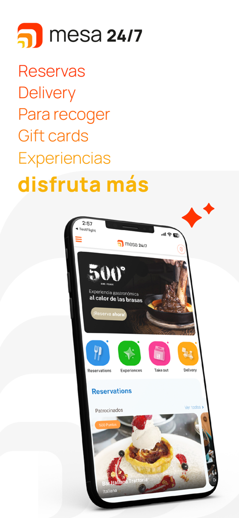 Interfaz de la aplicación móvil MESA 24/7 mostrando opciones de reserva de restaurantes, entrega y experiencias culinarias