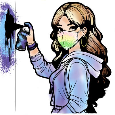 realistic girl with mask spray painting a wall
