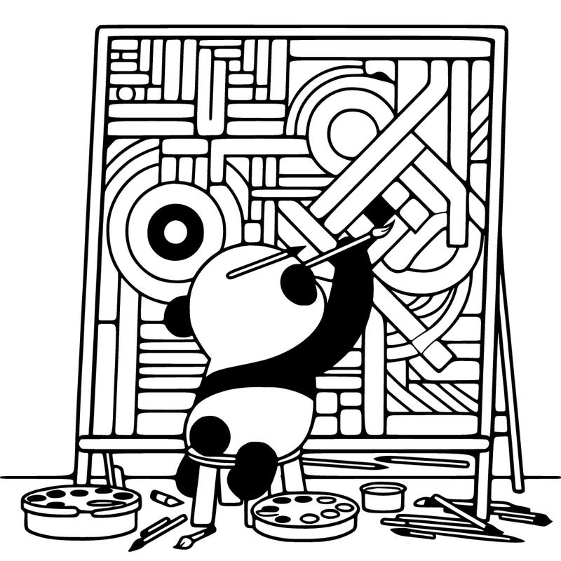 panda painting a large picasso painting while on a trailway