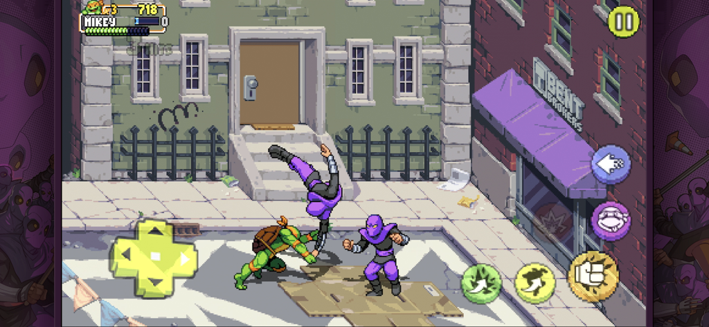 TMNT:Shredder’s Revenge Mobile - 픽셀 아트 거리 레벨에서 Foot Clan 닌자들과 싸우는 Michelangelo