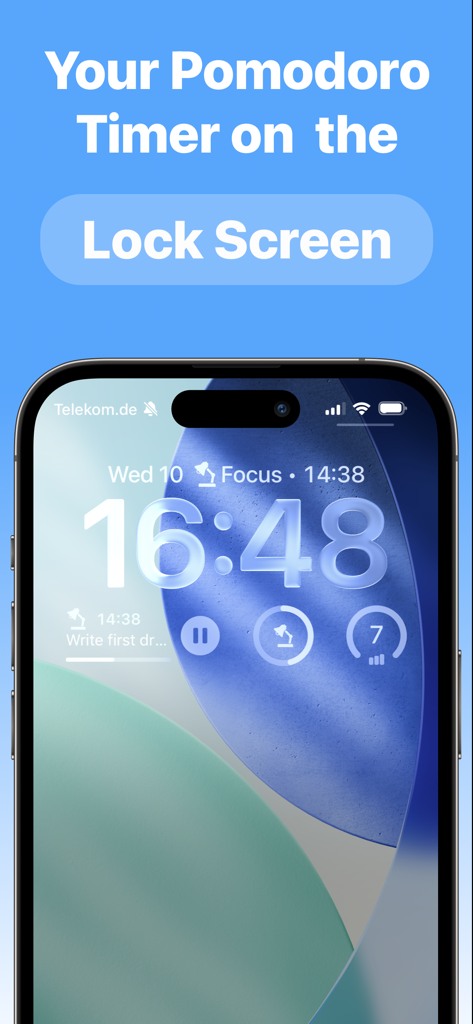 Focus - Timer for Productivity - iPhone lock screen displaying Focus app Pomodoro timer and task widgets