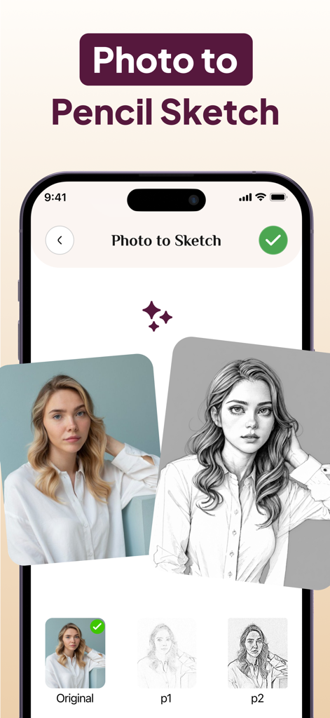 AR Drawing App: Sketch & Paint - The photo to pencil sketch feature in the AR Drawing App showing a portrait conversion