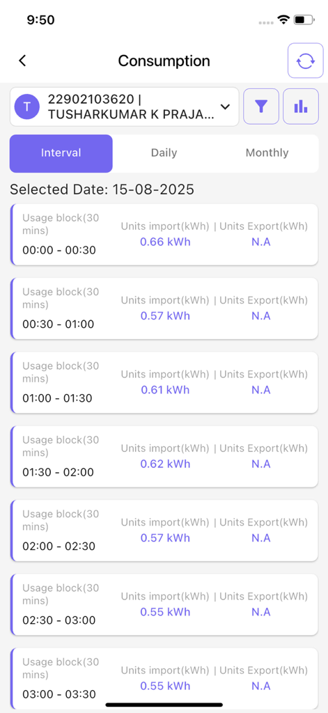 UGVCL Consumer App - Electricity consumption history screen showing 30 minute usage intervals in the UGVCL app