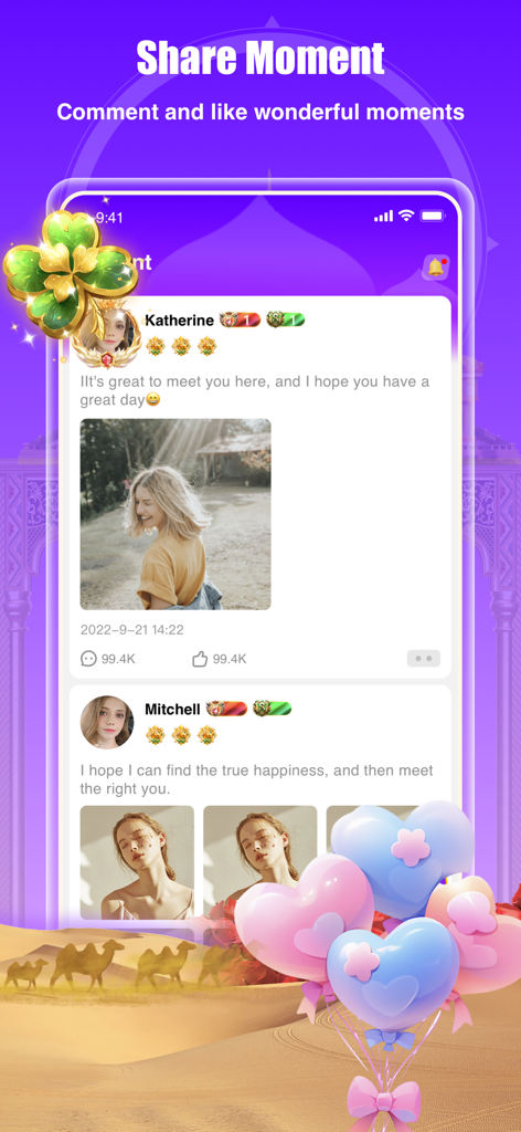 Una pantalla de la aplicación social Hamster Live que muestra un feed comunitario titulado Compartir Momento con publicaciones de usuarios y comentarios.