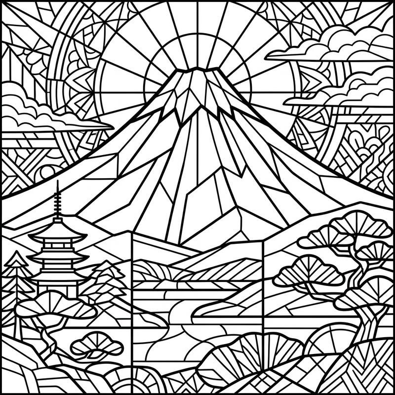 Embark on a creative journey to Japan with this magnificent Mount Fuji stained glass coloring page. Its intricate design offers a uniquely engaging way to experience the iconic Japanese landscape.