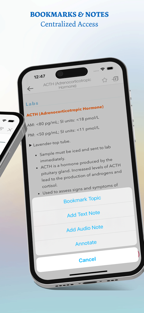 Lab Notes & Diagnostic Tests - Lab Notes app displaying bookmark and note options for a diagnostic test result