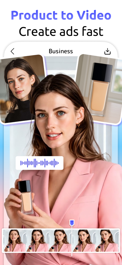 Eine Benutzeroberfläche, die die Produkt-zu-Video-Funktion von YouCam AI Pro zeigt, die eine professionelle KI-Sprecheranzeige für ein Schönheitsprodukt erstellt.