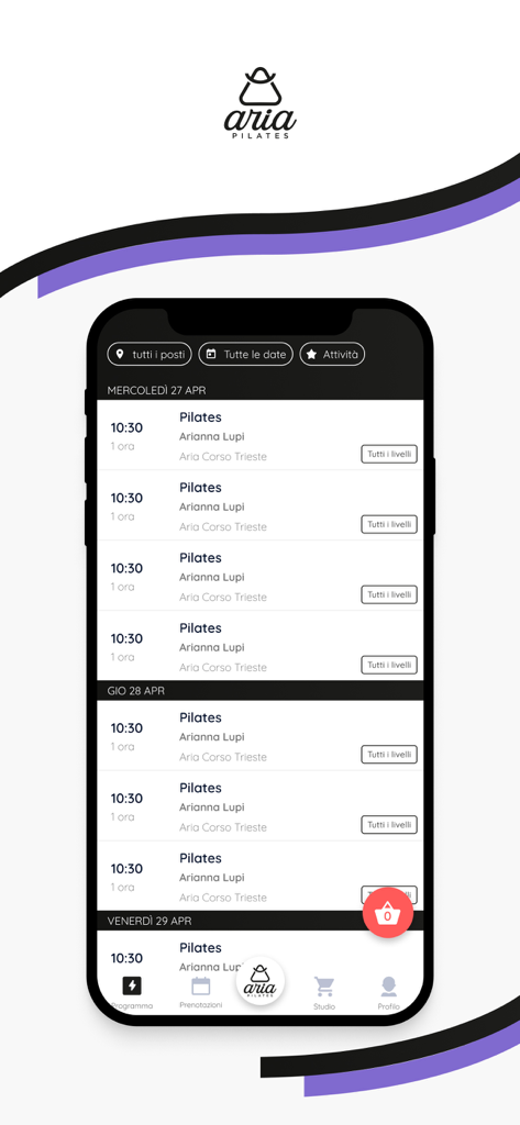 A mobile screen from the Aria Pilates app displaying a weekly schedule of Pilates classes for booking.