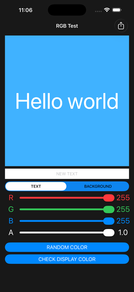 RGB Test app interface showing screen contrast adjustment with RGBA color sliders