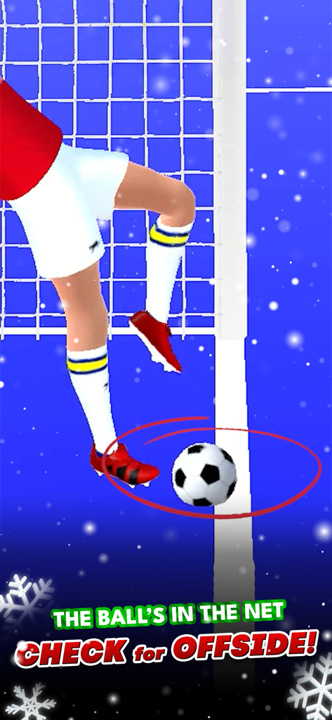 A soccer referee simulator screen asking the player to check for an offside goal during a match in the snow.