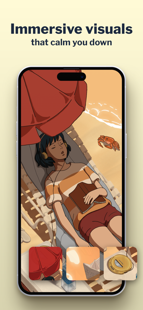 Lola: Stream Lofi Music - Une fille se relaxant sur une chaise de plage avec des écouteurs sous un parasol dans l'application de musique lofi Lola.