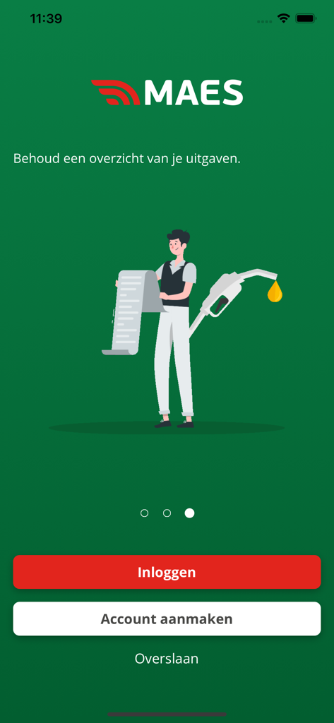 MAES App Onboarding-Bildschirm mit einer Illustration eines Mannes, der Kraftstoffbelege und eine Zapfpistole überprüft