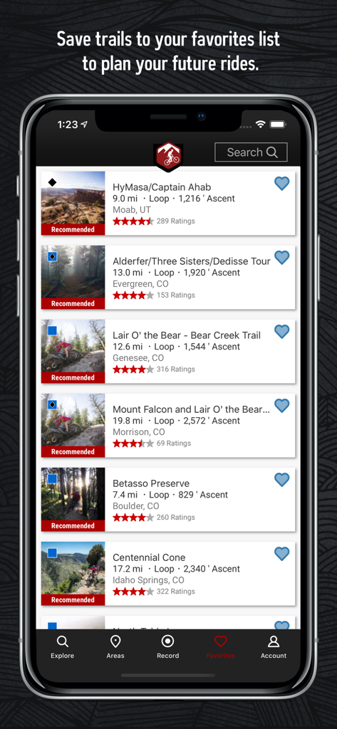 MTB Project - A list of favorited mountain bike trails in the MTB Project app showing trail names, locations, and distance statistics.