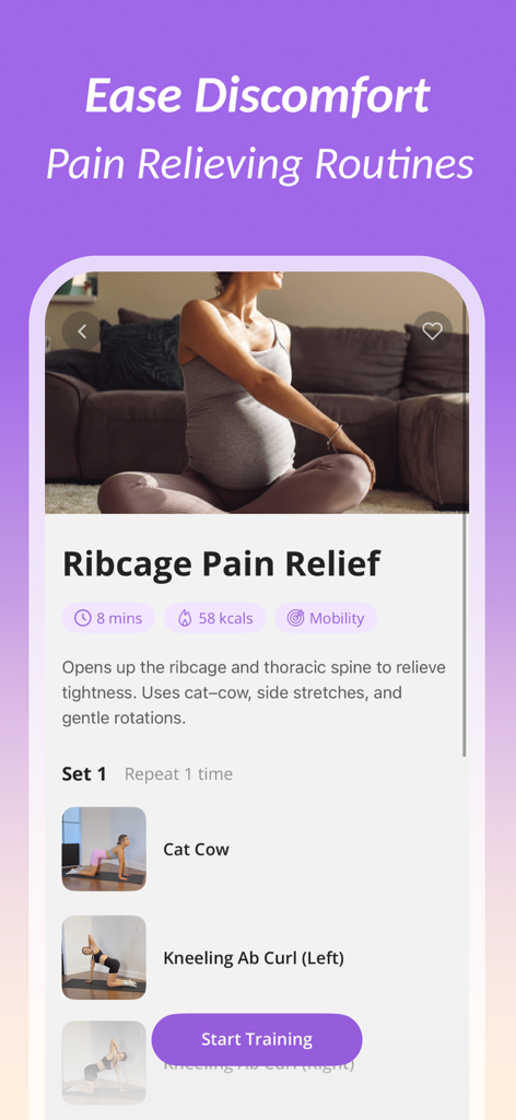 FitMama: Pregnancy Workout - Mujer embarazada realizando ejercicios de alivio del dolor en la caja torácica en la app FitMama