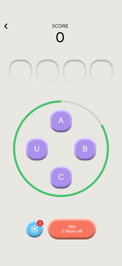 Tela de jogabilidade do quebra-cabeça de nomes de países Adivinhe Onde com seleção de letras e rastreador de pontuação.