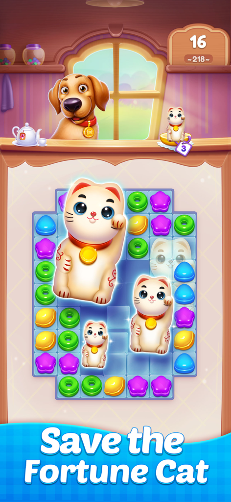 Candy Sweet Legend - Match 3 - A match 3 puzzle game level with colorful candies and fortune cat characters to collect