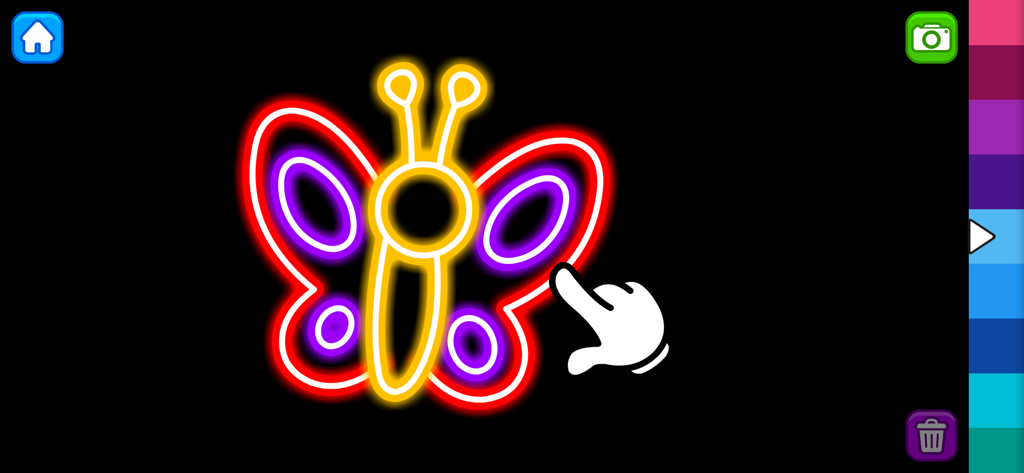 Kids Drawing & Coloring Game - Un enfant dessine un papillon lumineux au néon avec son doigt dans l'interface d'une application de coloriage créative.