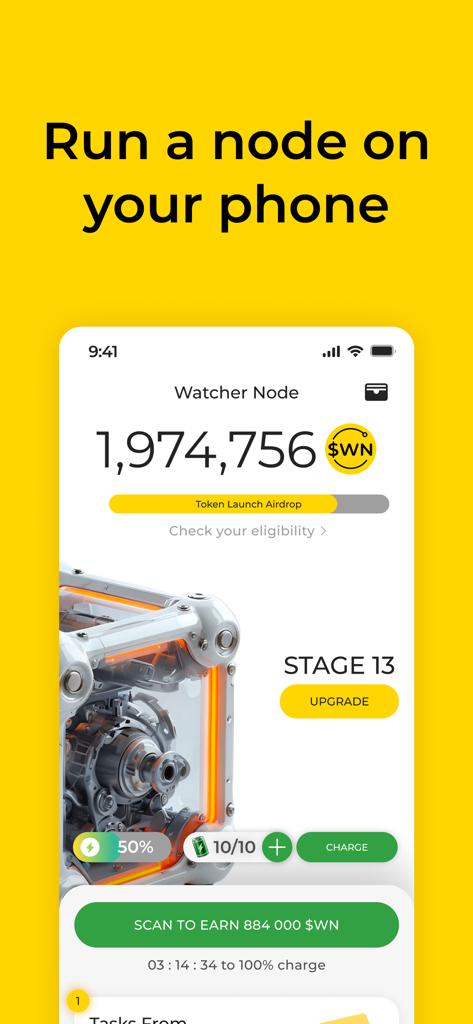 DeNet Storage & Watcher Node - A mobile app screen for DeNet Watcher Node showing token earnings and the slogan Run a node on your phone.