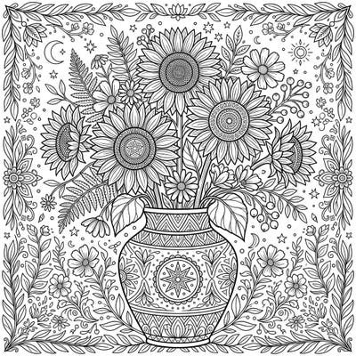 Discover a beautifully detailed coloring page featuring a vibrant bouquet of cut sunflowers in an ornate vase, designed specifically to captivate teens. This complex composition offers hours of artistic enjoyment, blending floral elegance with celestial charm.