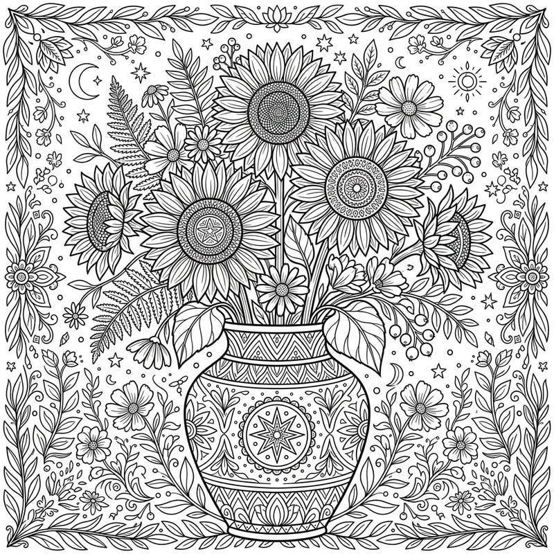 Discover a beautifully detailed coloring page featuring a vibrant bouquet of cut sunflowers in an ornate vase, designed specifically to captivate teens. This complex composition offers hours of artistic enjoyment, blending floral elegance with celestial charm.