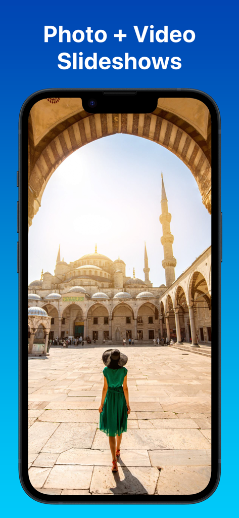Slideshow Photos - PixFolio - iPhone screen showing a woman in a green dress at a mosque as part of a PixFolio photo slideshow