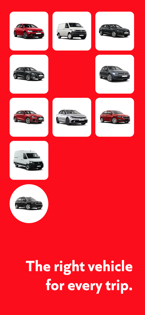 A variety of shared vehicles including cars and vans on a red background with text the right vehicle for every trip