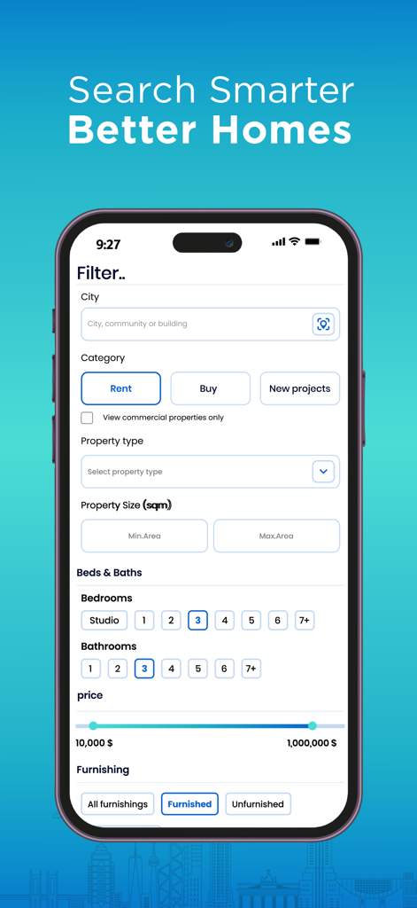 Homekey Finder 不動産アプリの高度な検索フィルター画面。物件カテゴリ、サイズ、ベッド数、価格帯が表示されています。