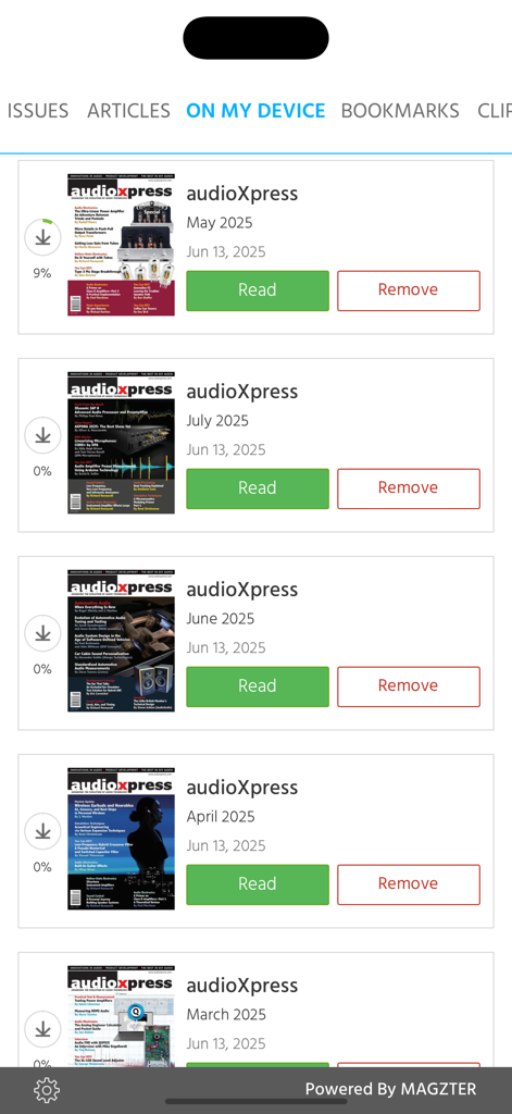 다운로드한 audioXpress 잡지 목록으로, 내 기기 화면에서 표지 이미지와 읽기 버튼을 보여줍니다.