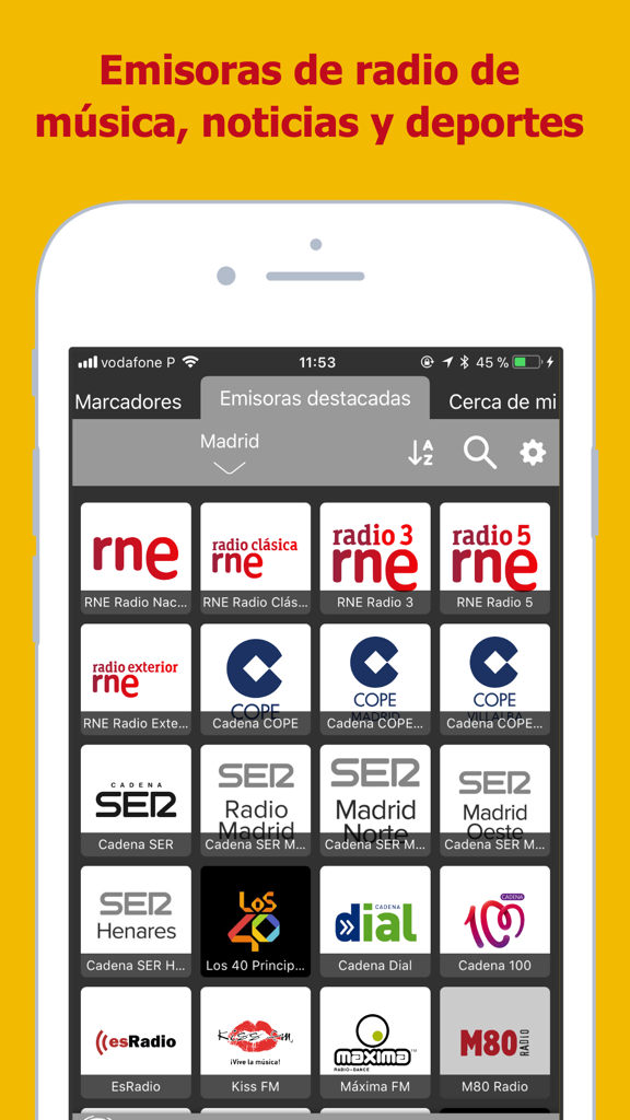 Eine Liste spanischer Radiosender einschließlich RNE, COPE und Cadena SER in der mobilen App Radios de España.