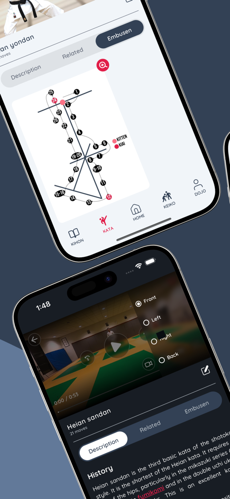 Karate Sensei, Video learning - Karate Sensei app showing a kata movement map and a multicam video player for Shotokan training.