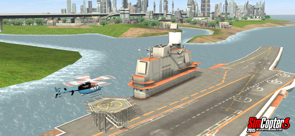 Helicopter Simulator 2015 - Un helicóptero azul preparándose para aterrizar en un helipuerto en un portaaviones con el horizonte de una ciudad al fondo.