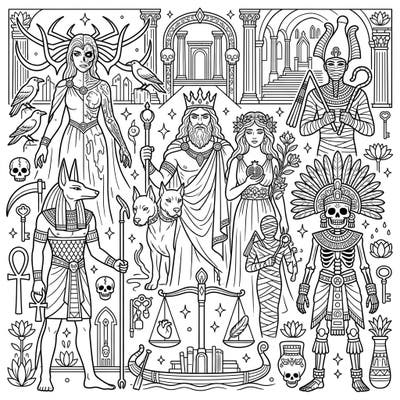 Delve into the captivating realms of myth with our Underworld & Death Deities coloring page, showcasing powerful gods and goddesses from diverse cultures. Discover intricate depictions of figures like Hades, Anubis, and Persephone, ready for your creative touch.