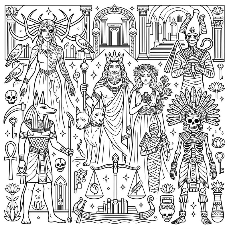 Delve into the captivating realms of myth with our Underworld & Death Deities coloring page, showcasing powerful gods and goddesses from diverse cultures. Discover intricate depictions of figures like Hades, Anubis, and Persephone, ready for your creative touch.
