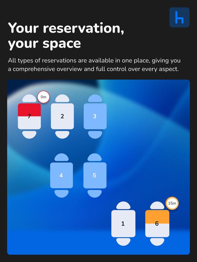 dotyourspot business | tablet - タブレットインターフェイス上の番号付きテーブルとリアルタイム予約状況を示すデジタルレストランフロアプラン