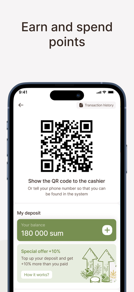Bon! Café Français - Pantalla de puntos de fidelidad con código QR para la app Bon! Café Français.