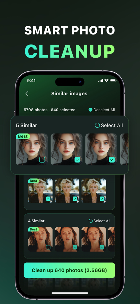 Interfaz de la aplicación ClearSnap mostrando la función de limpieza inteligente de fotos que identifica imágenes similares para liberar espacio de almacenamiento