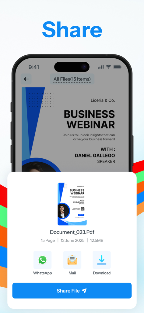 All Document Reader: PDF, Word - WhatsAppまたはEmail経由でPDFドキュメントを共有するオプションを表示するモバイルアプリインターフェース