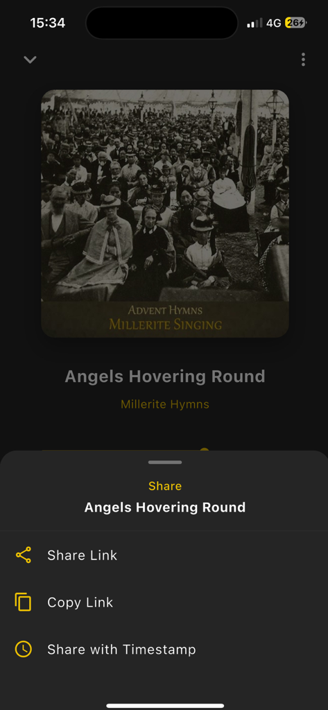 Sharing options for a Millerite hymn track within the EGWAudio mobile application