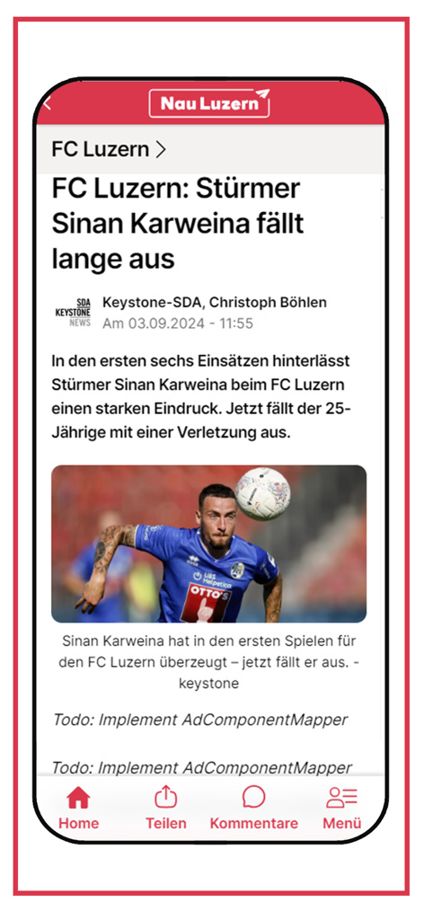 Nau Zentral - News article about FC Luzern striker Sinan Karweina in the Nau Zentral app interface