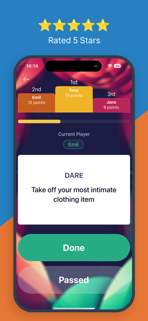 Truth or Dare AI -  Dirty Game - Truth or Dare AI mobile app interface showing a spicy dare challenge and player leaderboard