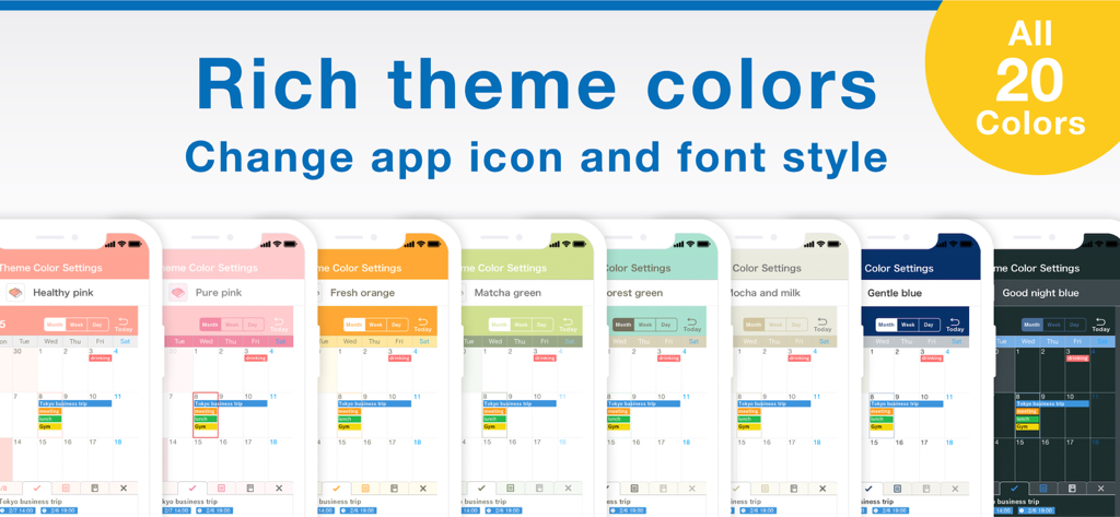 A variety of colorful aesthetic theme options for the Smart Planner app calendar interface displayed on multiple smartphones.